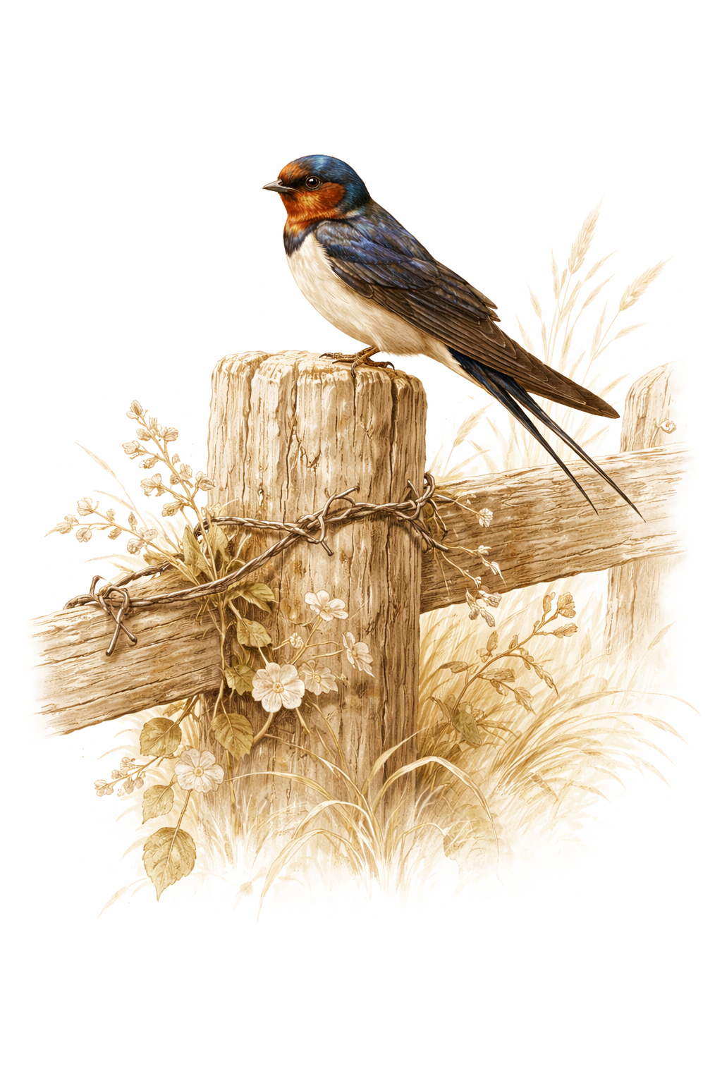 A colorful barn swallow perched on a rustic wooden fence post surrounded by wildgrasses in a vintage illustration style.