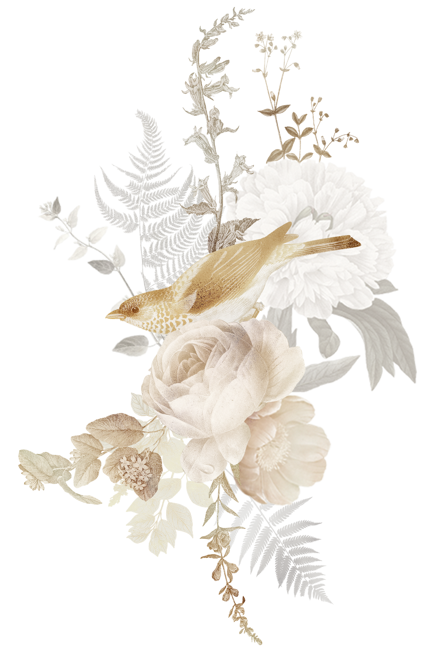 Elegant vintage botanical arrangement featuring a golden bird among white roses, peonies, and ferns in soft neutral tones.