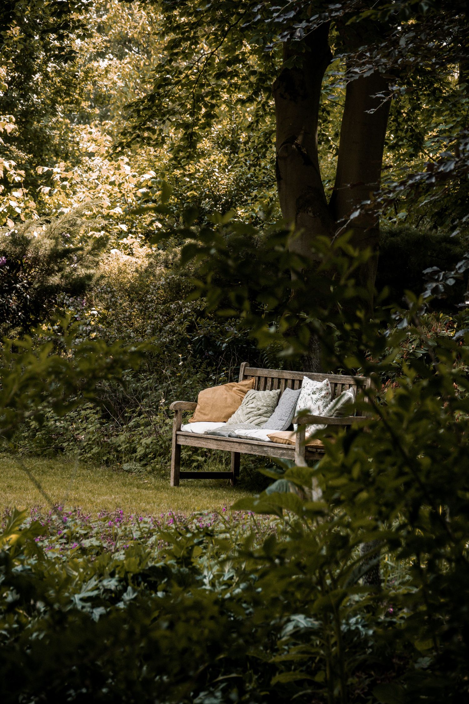A rustic wooden garden bench with cushions sits peacefully beneath a large tree in a lush garden.