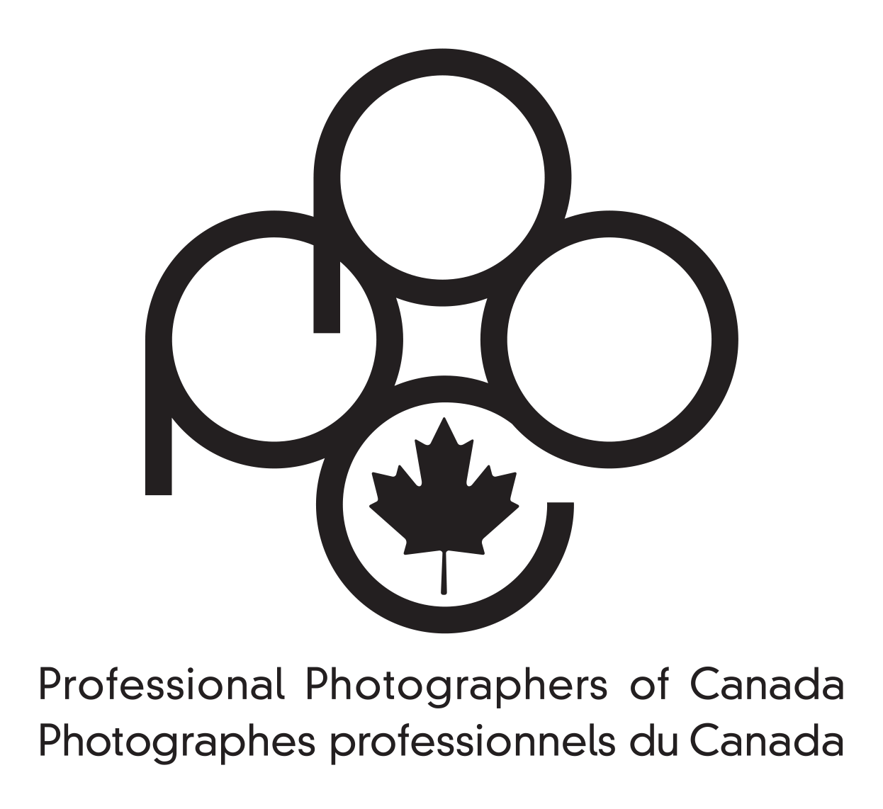 Professional Photographers of Canada black and white logo design with maple leaf emblem.