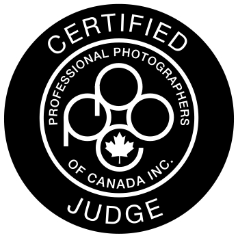 Black and white circular certification badges for professional photographers and judges arranged in a row.