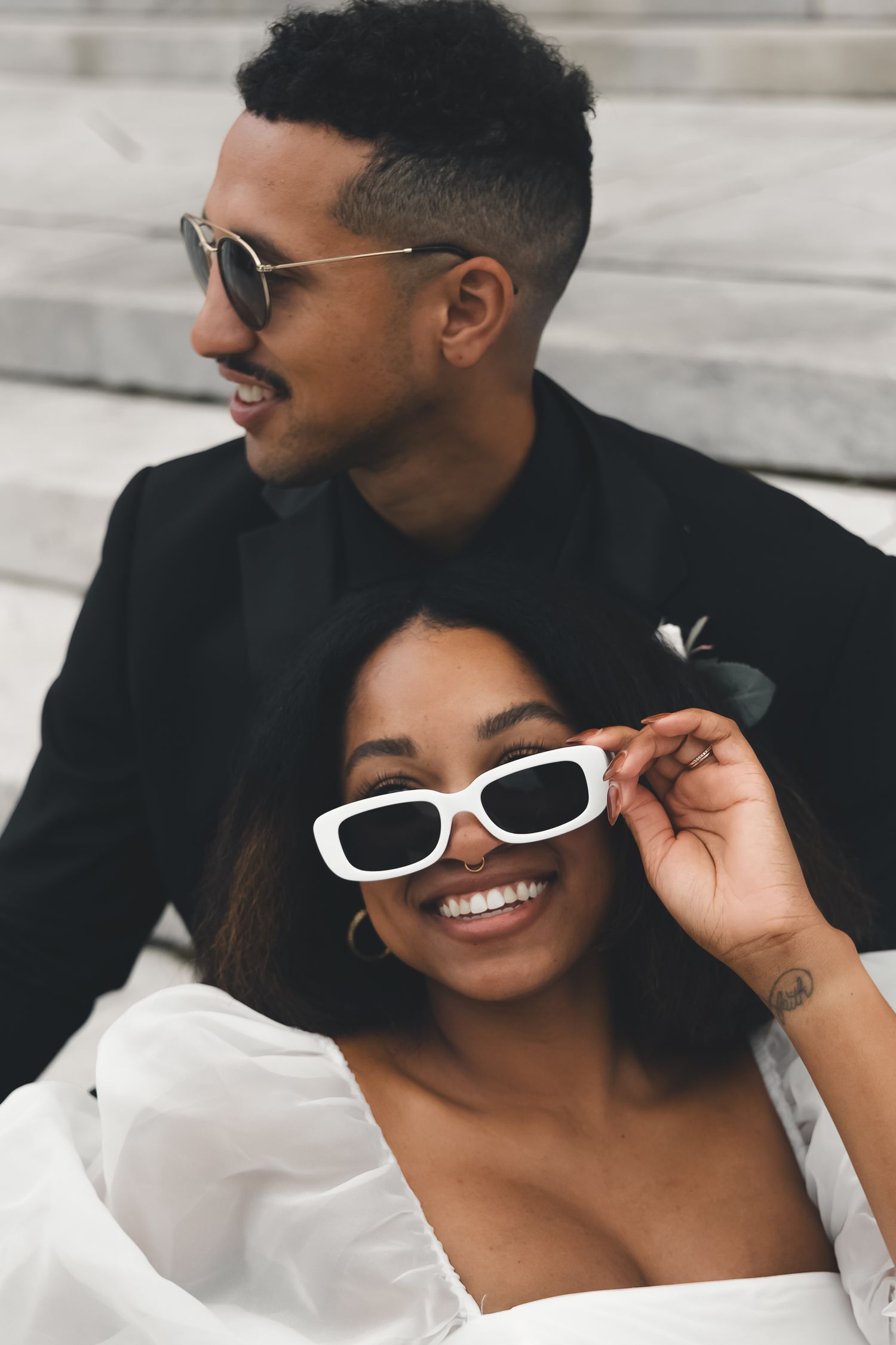 Stylish wedding couple at Cleveland Museum of Art. Modern, fun Northeast Ohio photography capturing timeless love.