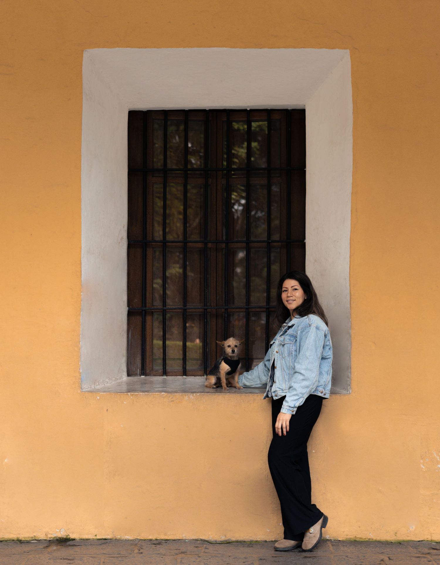 Dueña abrazando a su perro durante sesión familiar de fotografía de mascotas en Antigua Guatemala