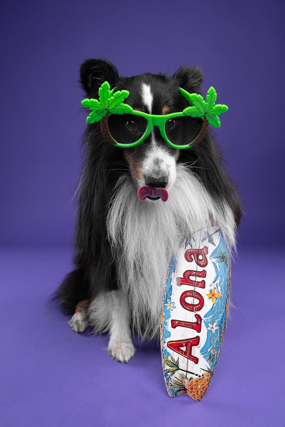 A Shetland Sheepdog wearing green palm tree sunglasses holds an Aloha surfboard sign on a purple background.