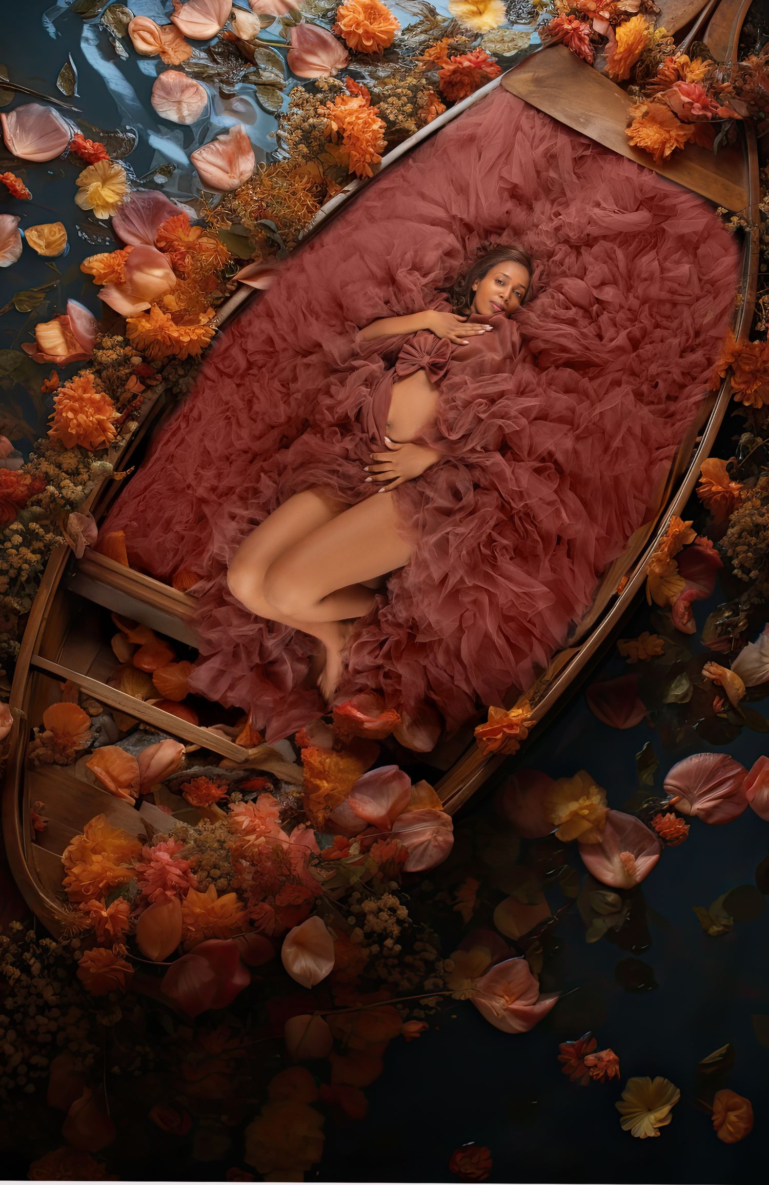 Aerial view of pregnant woman lying in floral boat surrounded by orange blooms.