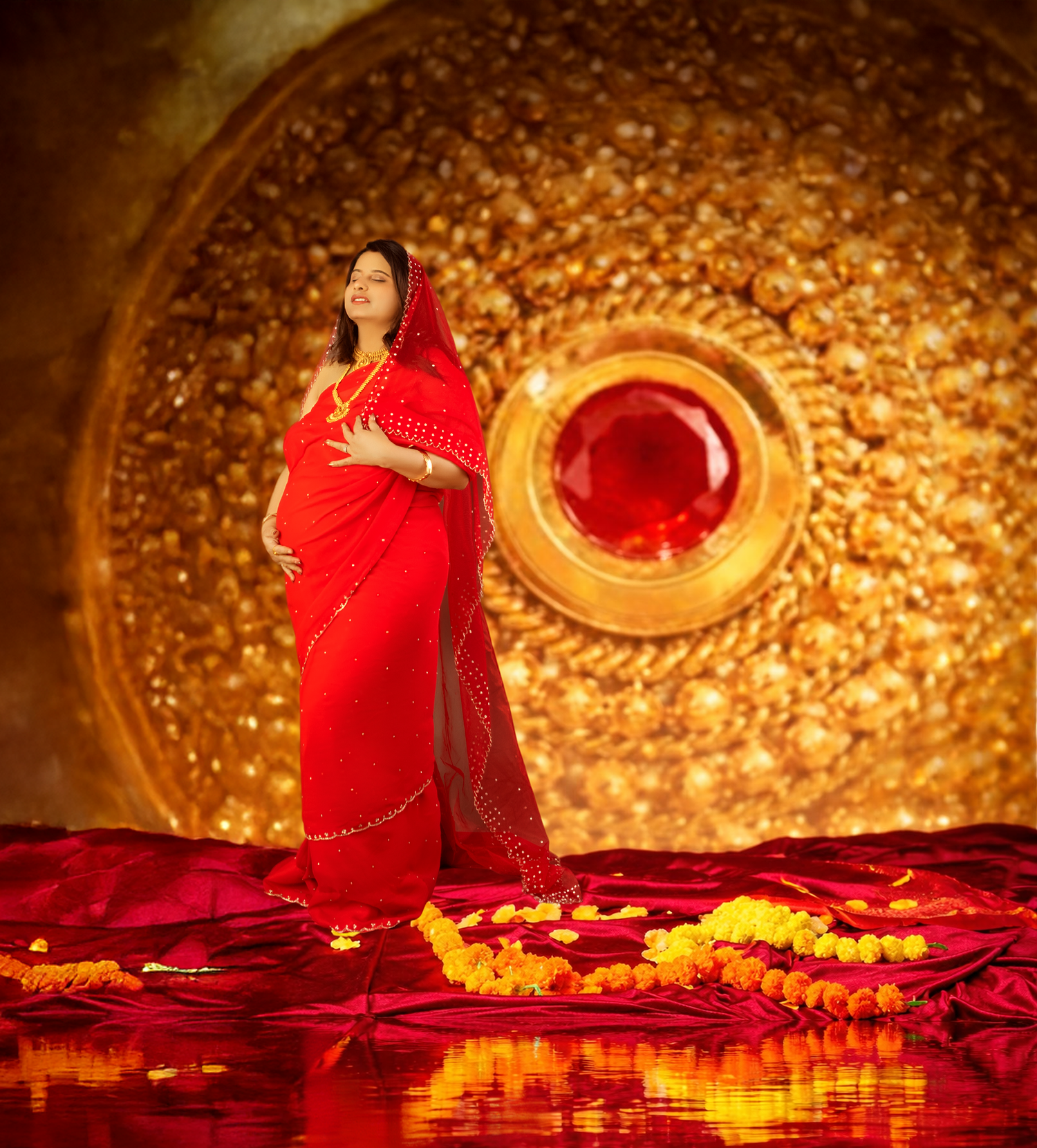 Pregnant woman in red saree poses gracefully before ornate golden mandala backdrop with marigold garlands.