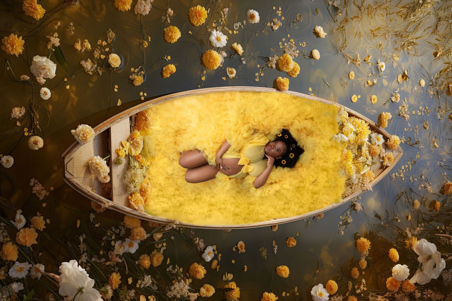 Creative aerial maternity photo of woman in yellow dress lying in a flower-filled wooden boat.