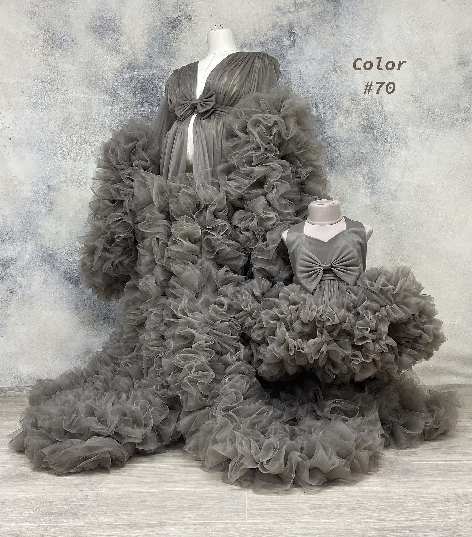 Matching mother and child gray ruffle tulle maternity robe set displayed on mannequins, color 70.