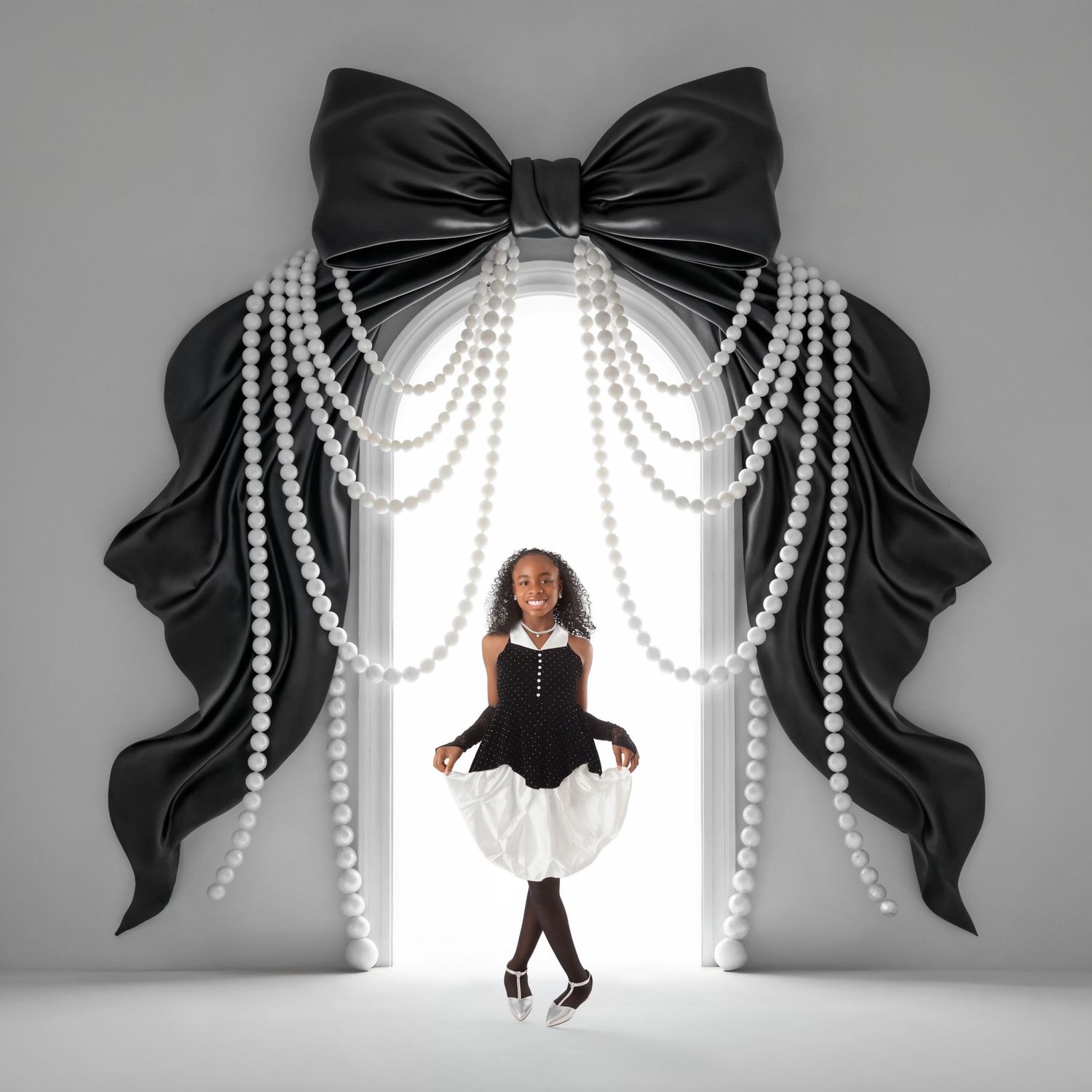Young girl in black and white dress poses in ornate doorway with large black bow and pearl garland decorations.