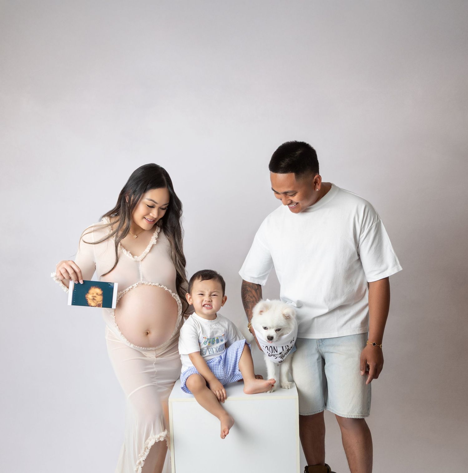 Pregnant woman in sheer dress with husband, toddler holding ultrasound photo, and white fluffy dog in studio maternity shoot.