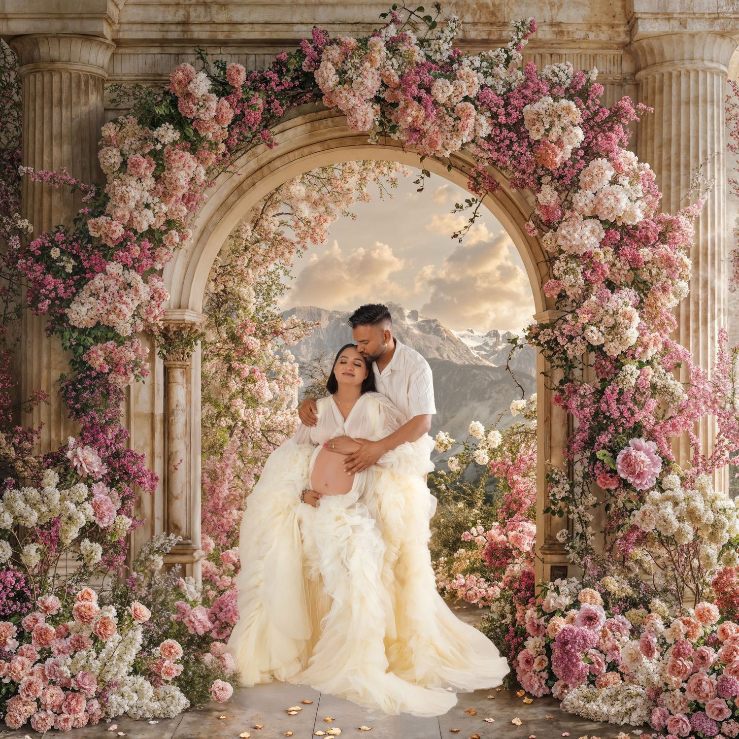 Couple embracing under a floral arch with pink and white blooms, maternity photoshoot in elegant garden setting.