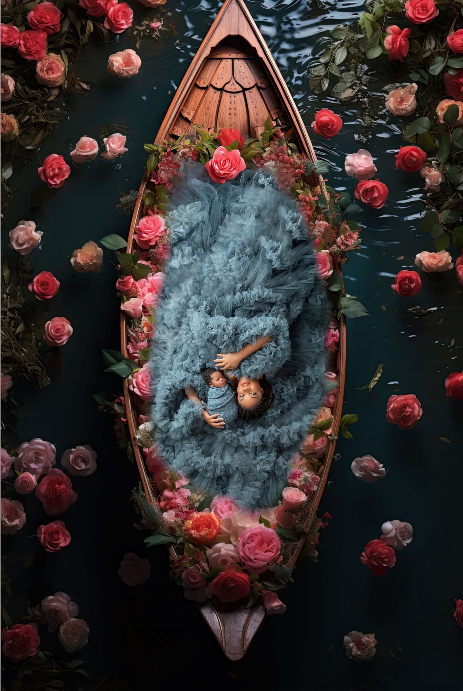Aerial view of two children lying in a flower-filled wooden boat surrounded by pink roses on dark water.