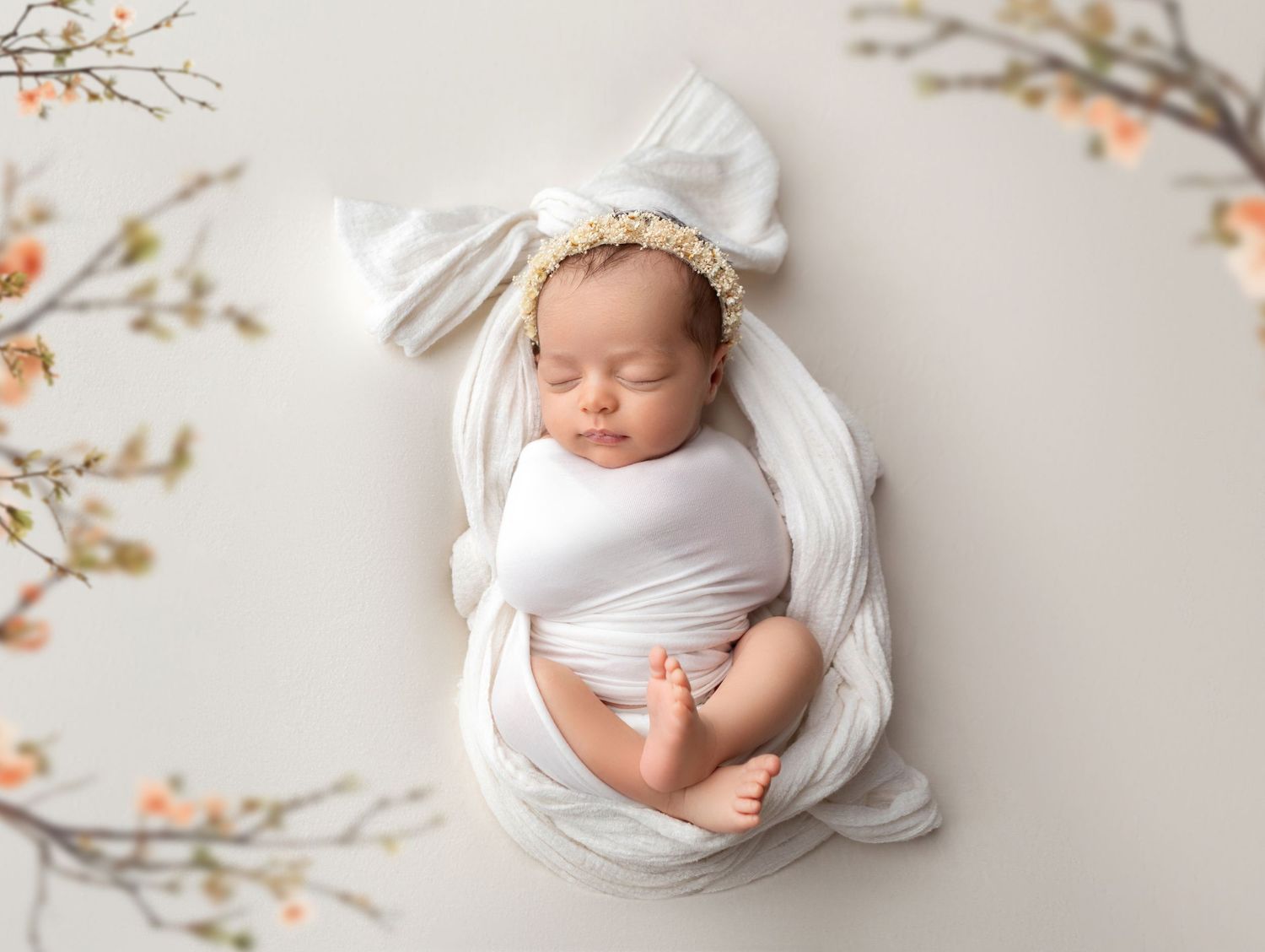 Newborn baby sleeping in white swaddle with bow headband, surrounded by delicate pink floral branches.