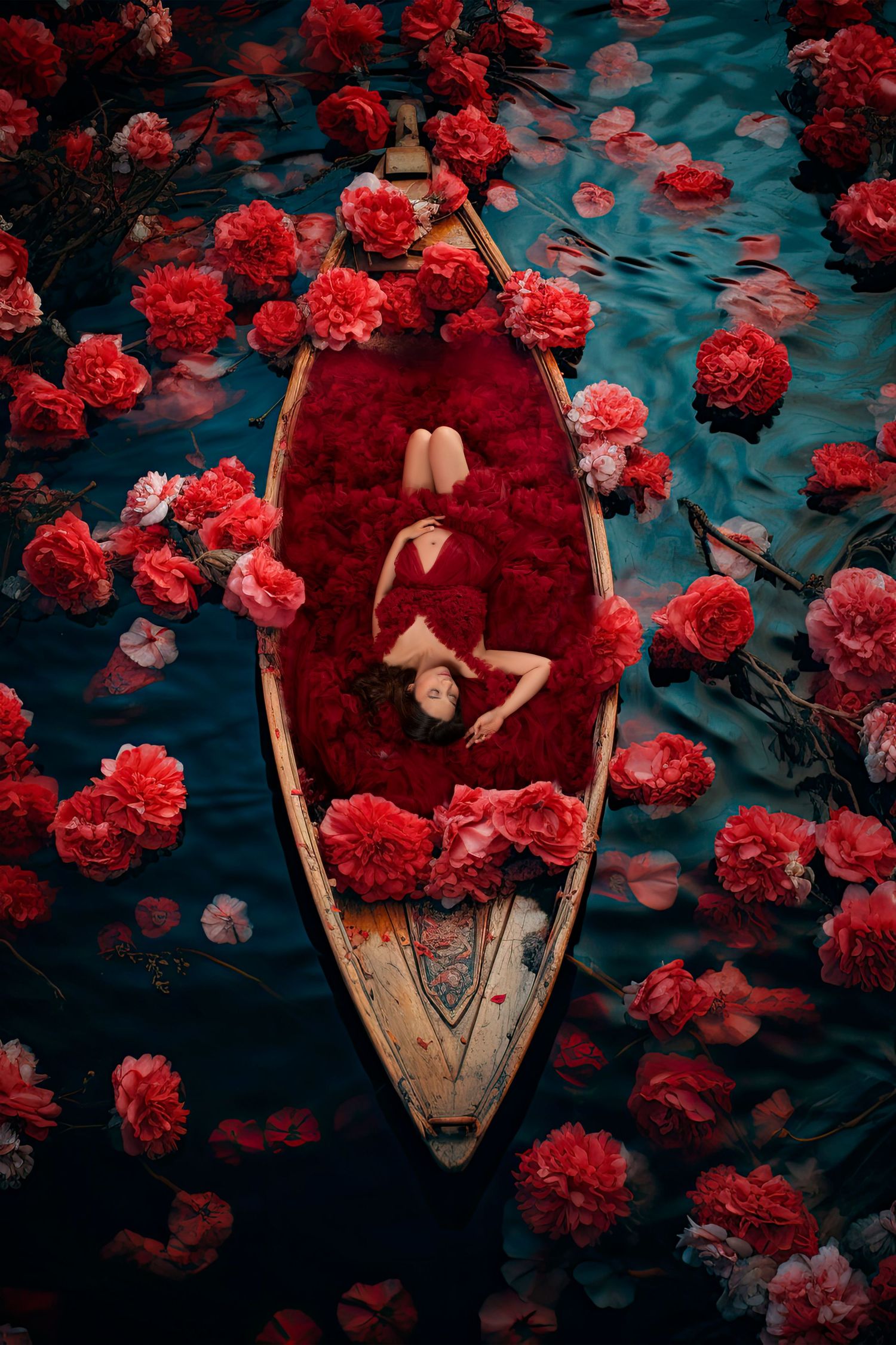 Woman in red dress lying in flower-filled boat surrounded by red peonies on blue water aerial view.