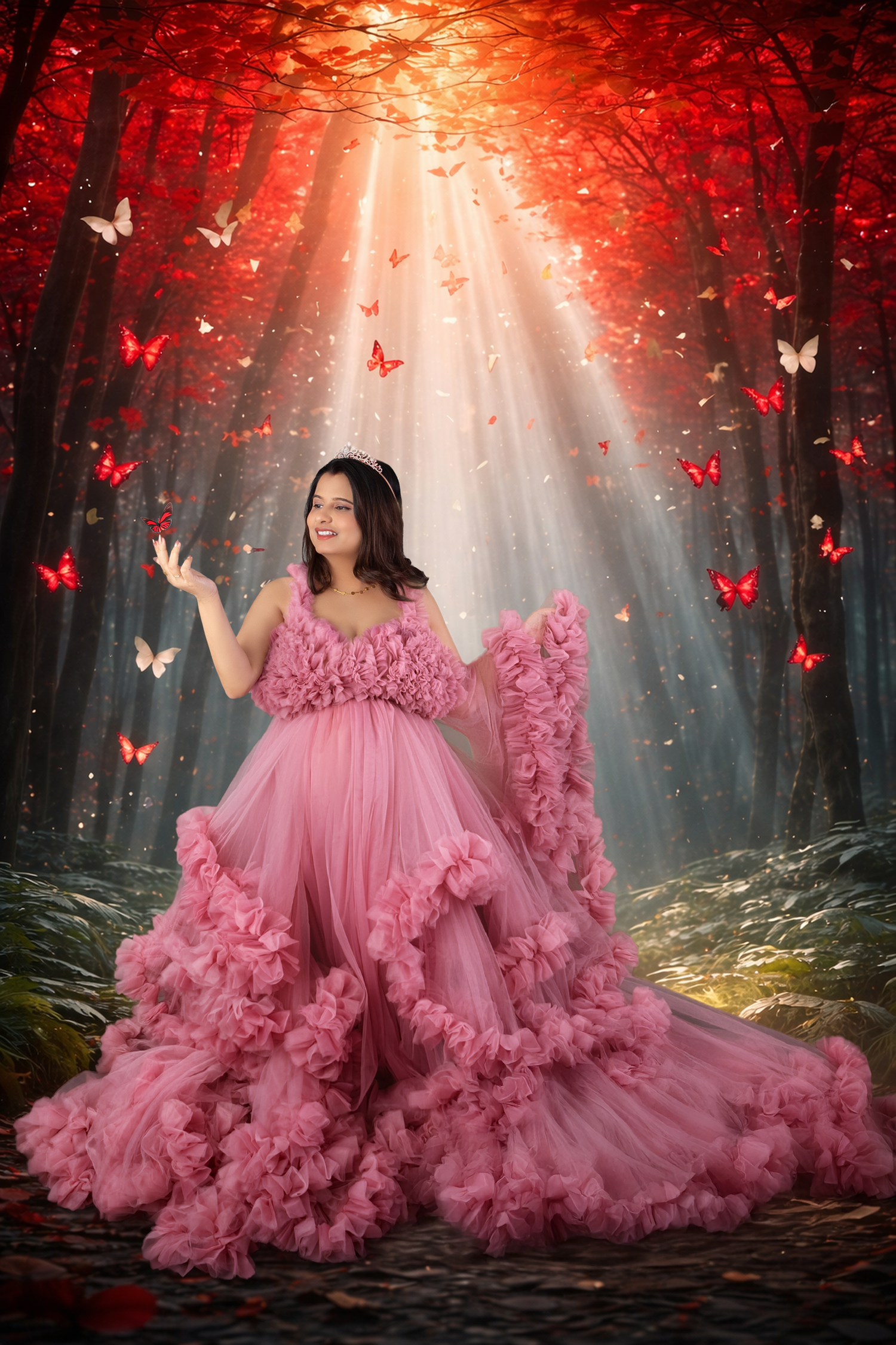 Woman in pink ruffled gown surrounded by red butterflies in an enchanted forest with magical light rays.