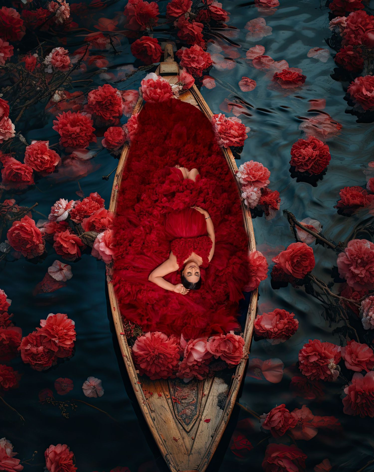Aerial view of a woman in a red dress lying in a wooden boat surrounded by vibrant red peonies on water.