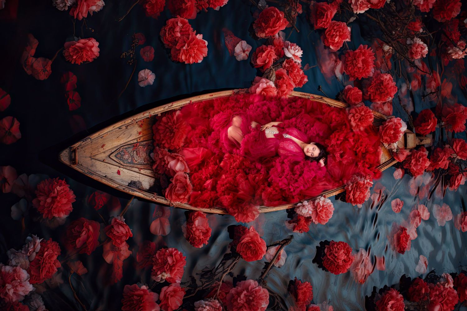 Aerial view of woman in red gown lying in a wooden boat surrounded by vibrant red flowers on water.