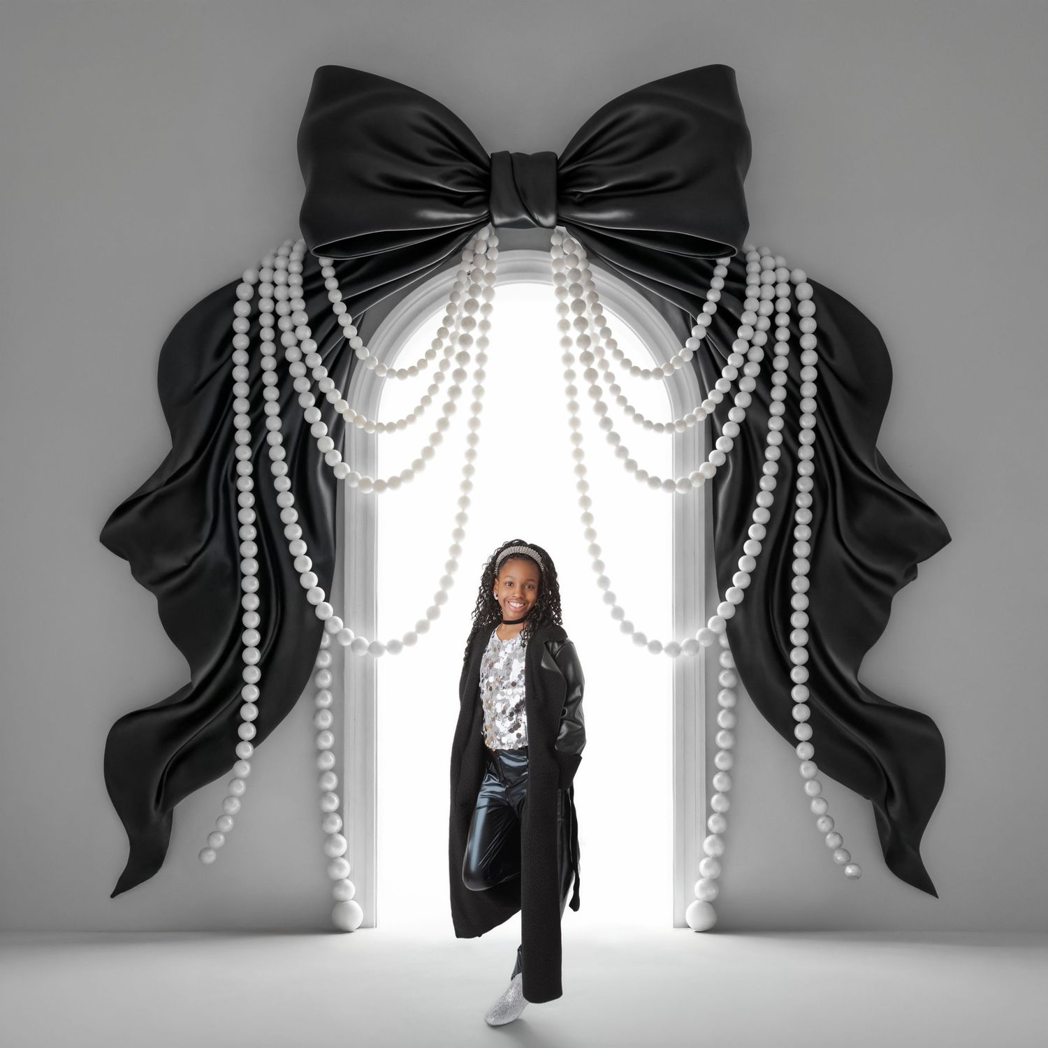 Child poses in doorway adorned with large black bow and pearl garland decorations in elegant studio setting.