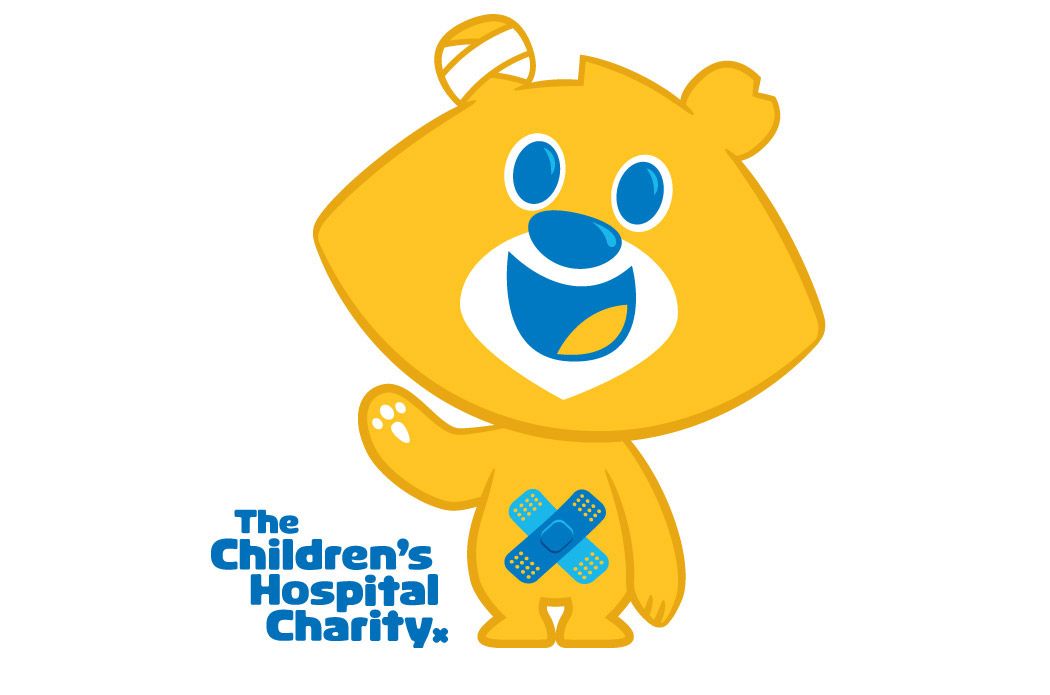 Yellow cartoon monster mascot design variations for a children's hospital charity with blue accents and bandage details.