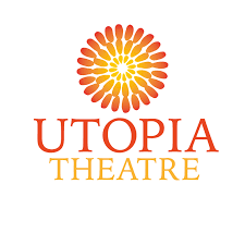 Colorful orange and yellow sunburst logo design for Utopia Theatre with stylized text and floral elements.