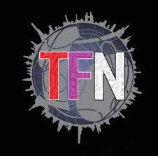 Seven animated logo variations showing a dynamic text design with gray spiked borders and pink and white lettering.