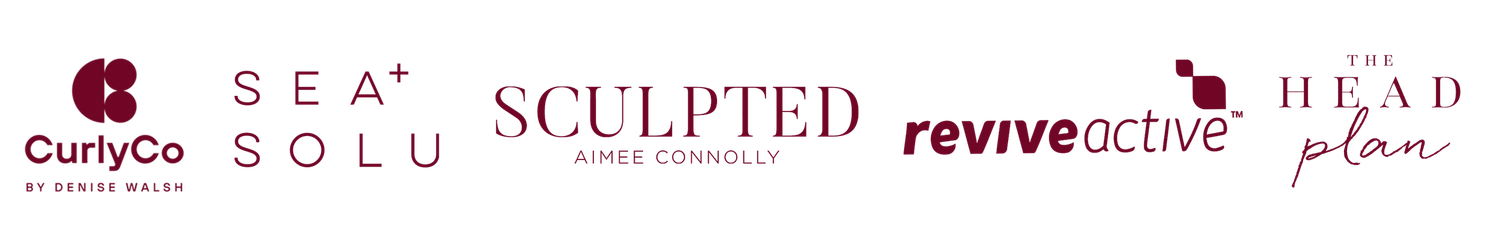 A row of pink and red beauty brand logos including SEA, Sculpted, Curlpops, and Head arranged horizontally.