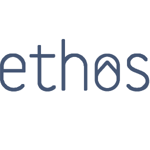 Simple blue text logo spelling 'ethos' with stylized design elements.