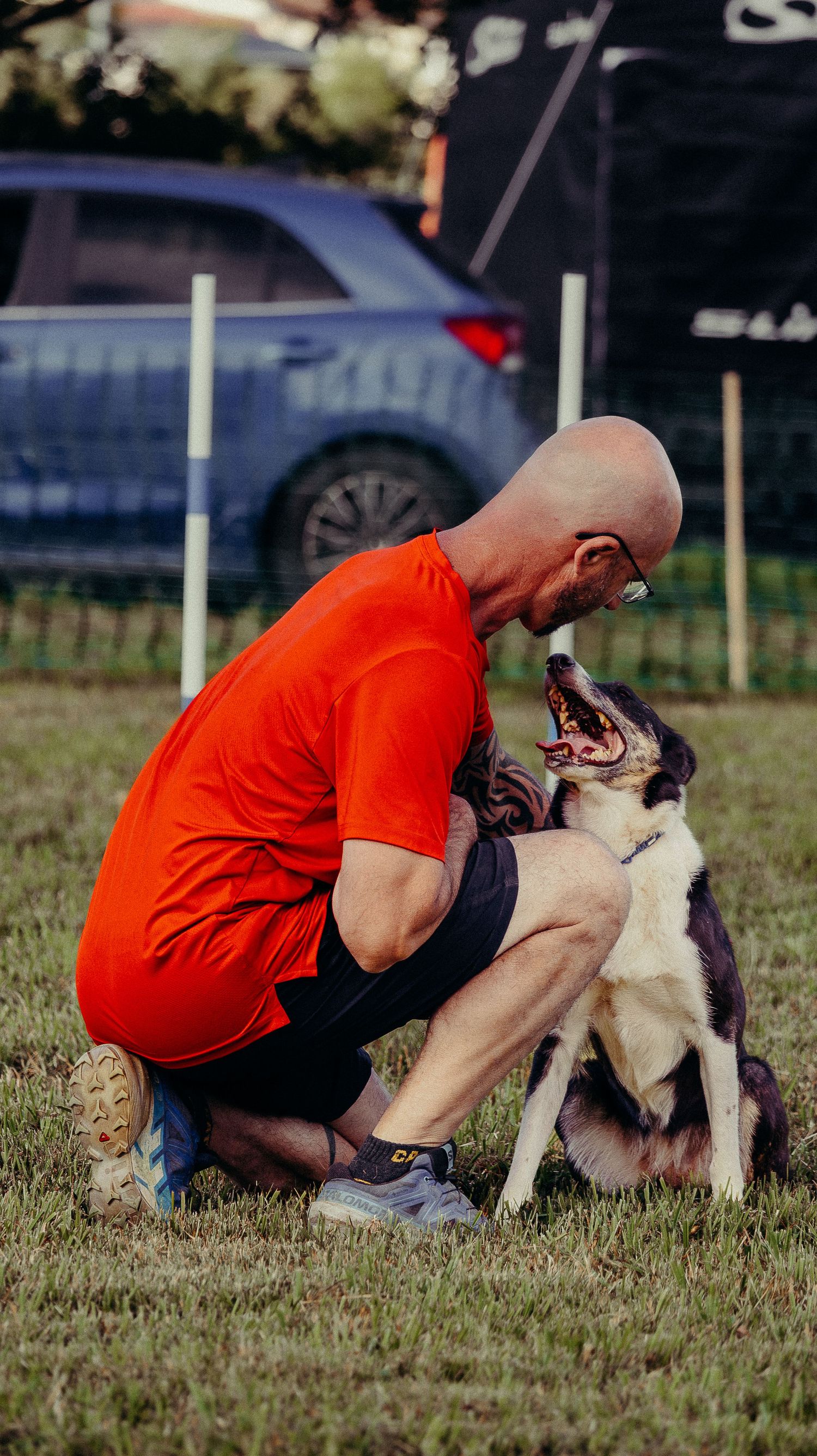 Bald man in red shirt kneeling on grass, affectionately interacting with a husky dog outdoors near parked cars.