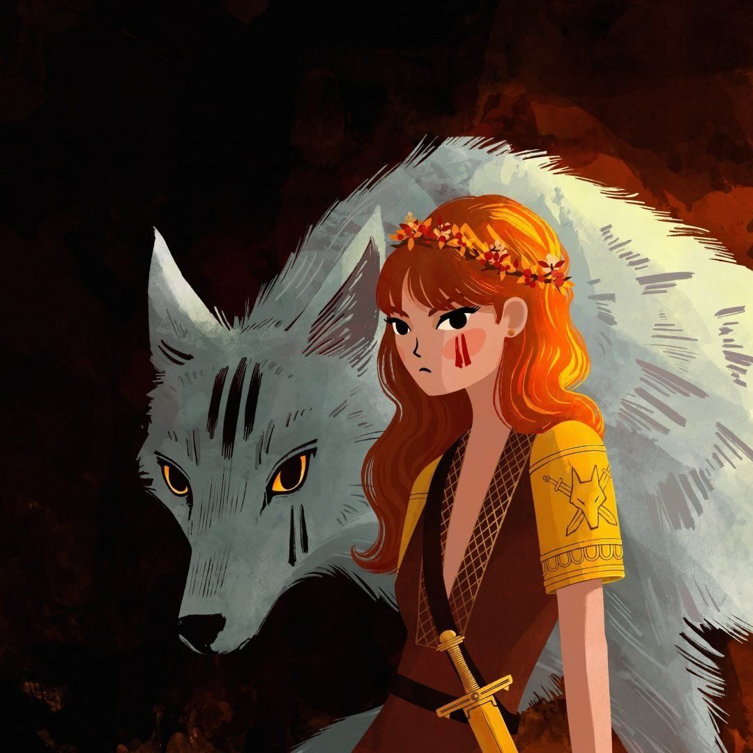 Animated illustration of a fierce girl with orange hair and flower crown standing beside a large silver wolf in dark setting.