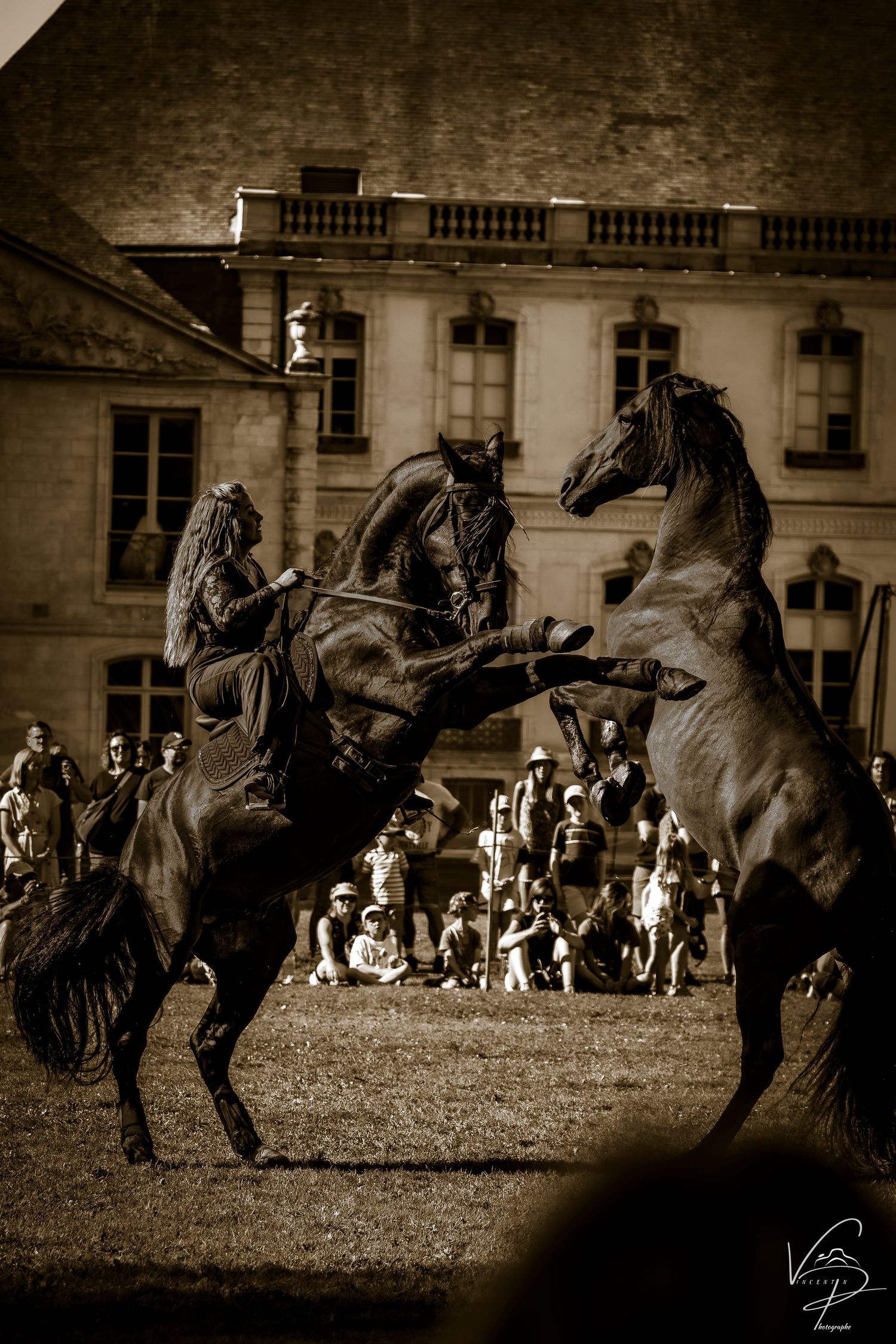 Sepia-toned sequence of horse rearing during dramatic performance.