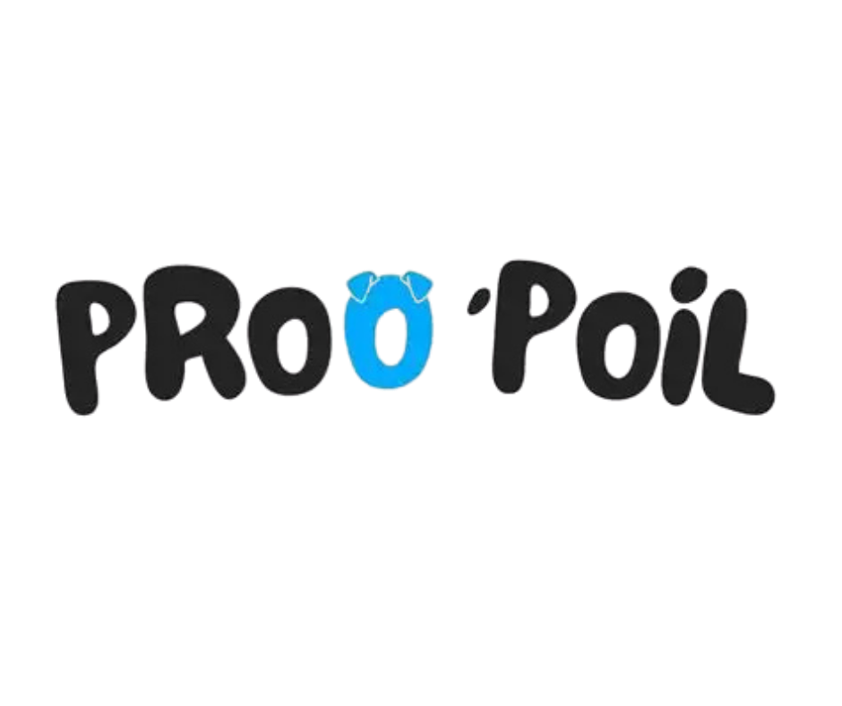 Pro O Poil pet grooming brand logo with playful black lettering and a blue dog face icon.