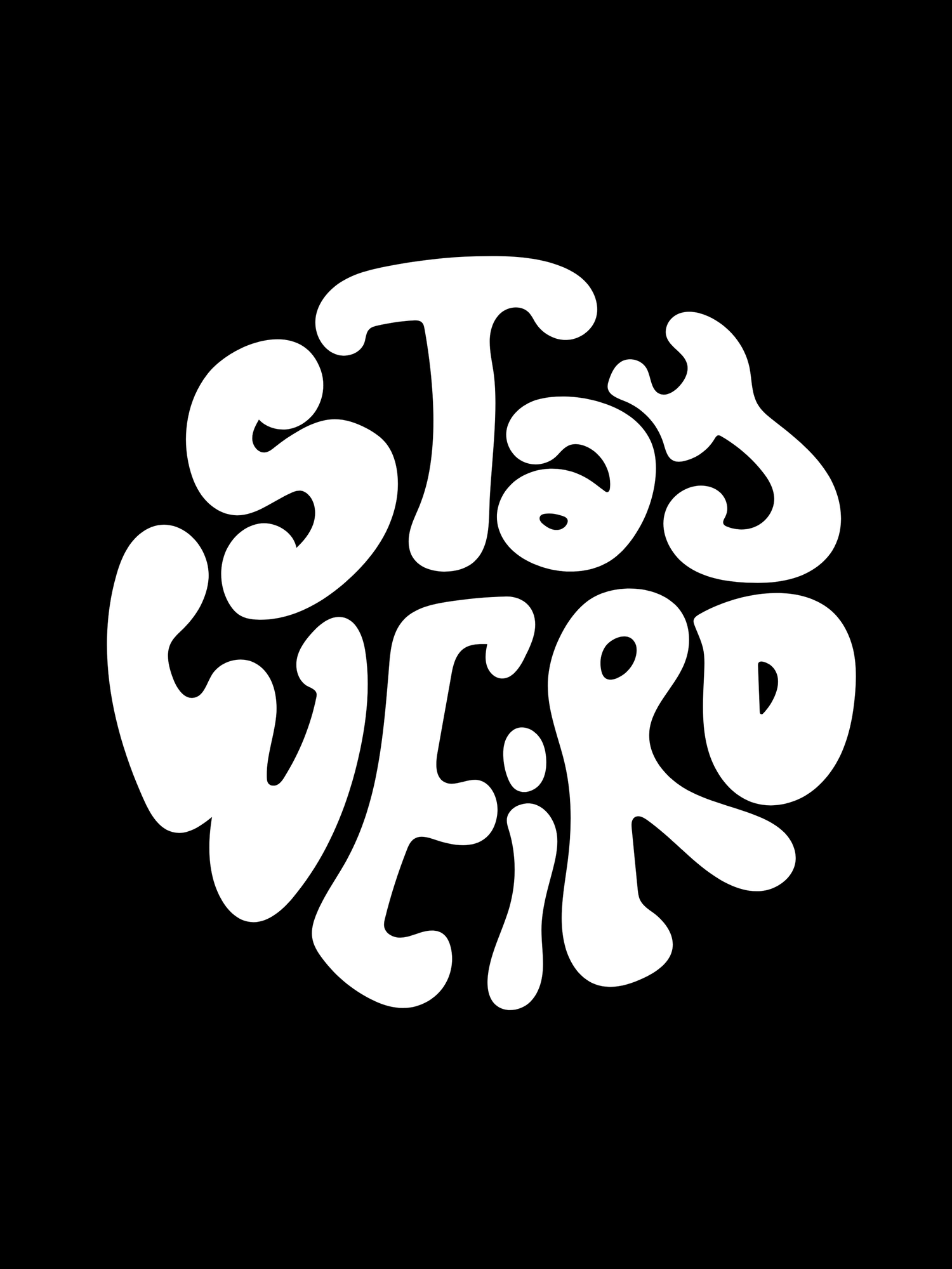 A series of abstract white bubble letters or curved text elements arranged horizontally against black backgrounds.