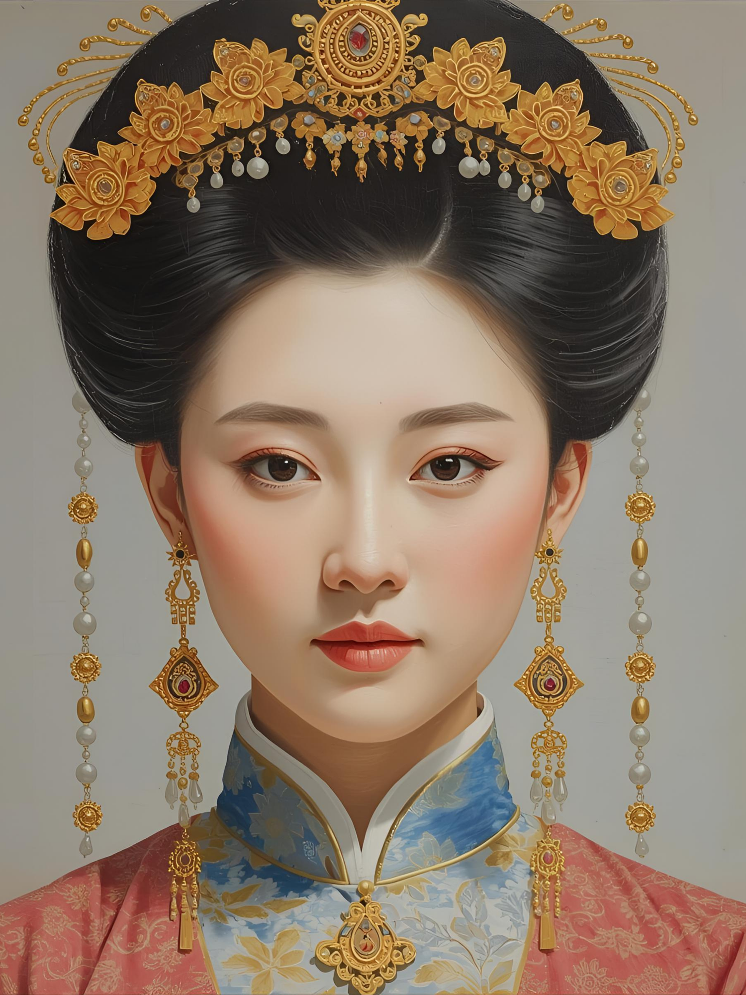 Digital artwork depicting traditional Chinese imperial style portrait with ornate golden headdress and blue and pink clothing details.
