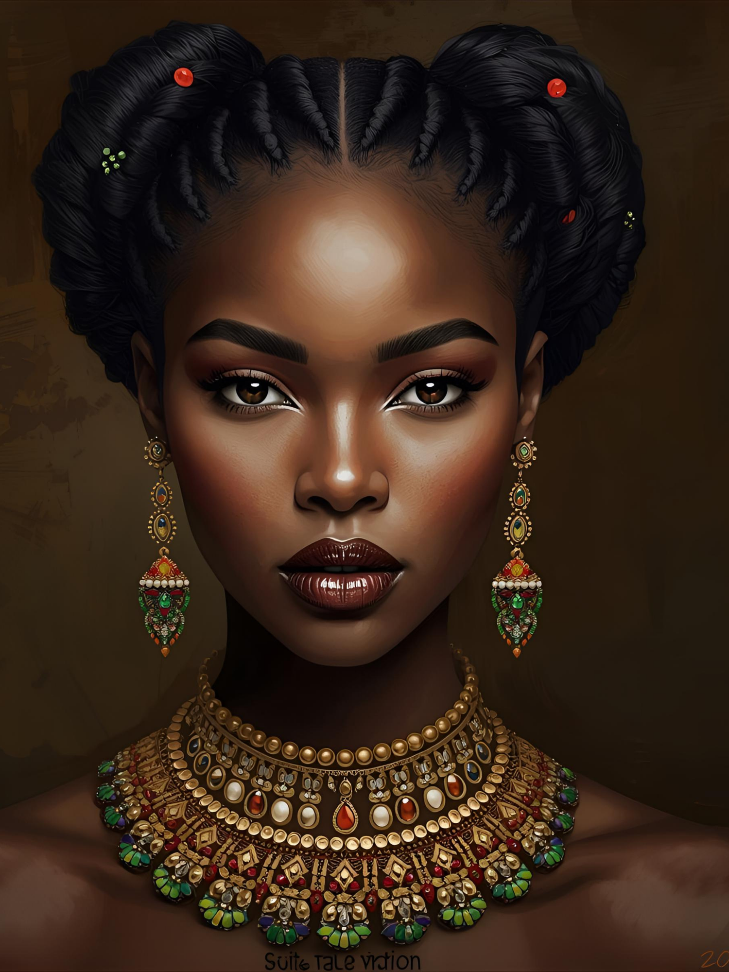 A series of elegant portraits showcasing traditional Indian jewelry with ornate gold necklaces and emerald details.