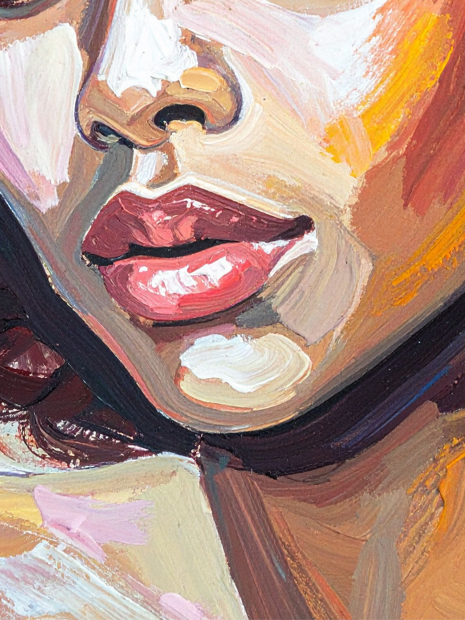 Abstract oil painting close-up of lips and facial features in warm peach and orange tones with expressive brushstrokes.