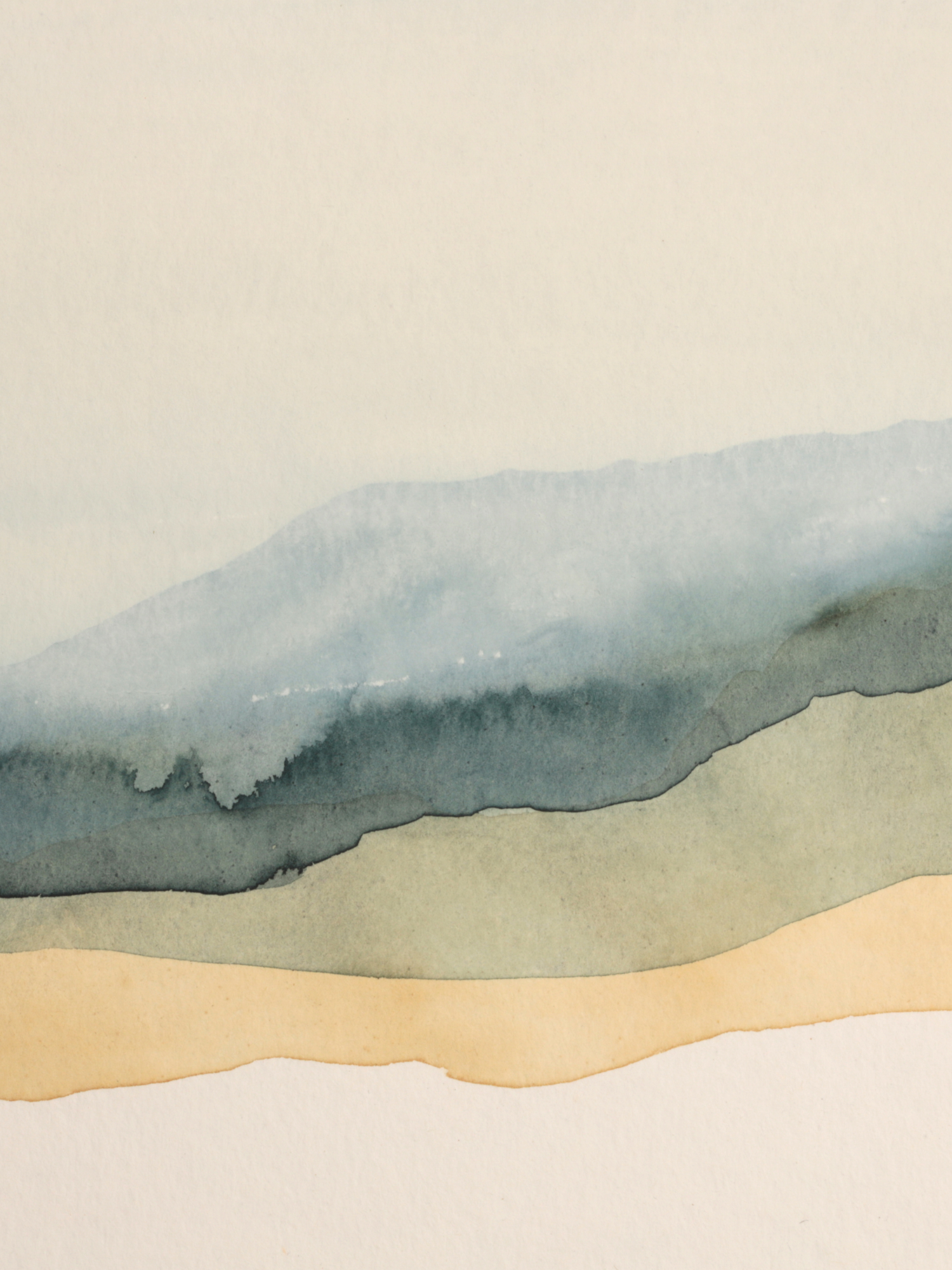 Abstract watercolor painting shows a minimalist landscape with grey mountains against a pale cream sky.