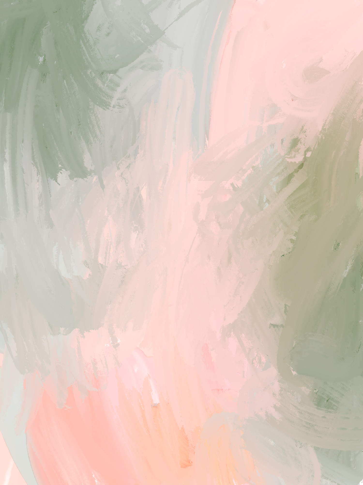 Abstract painting with soft pink and sage green brushstrokes creating an ethereal, dreamy atmosphere.