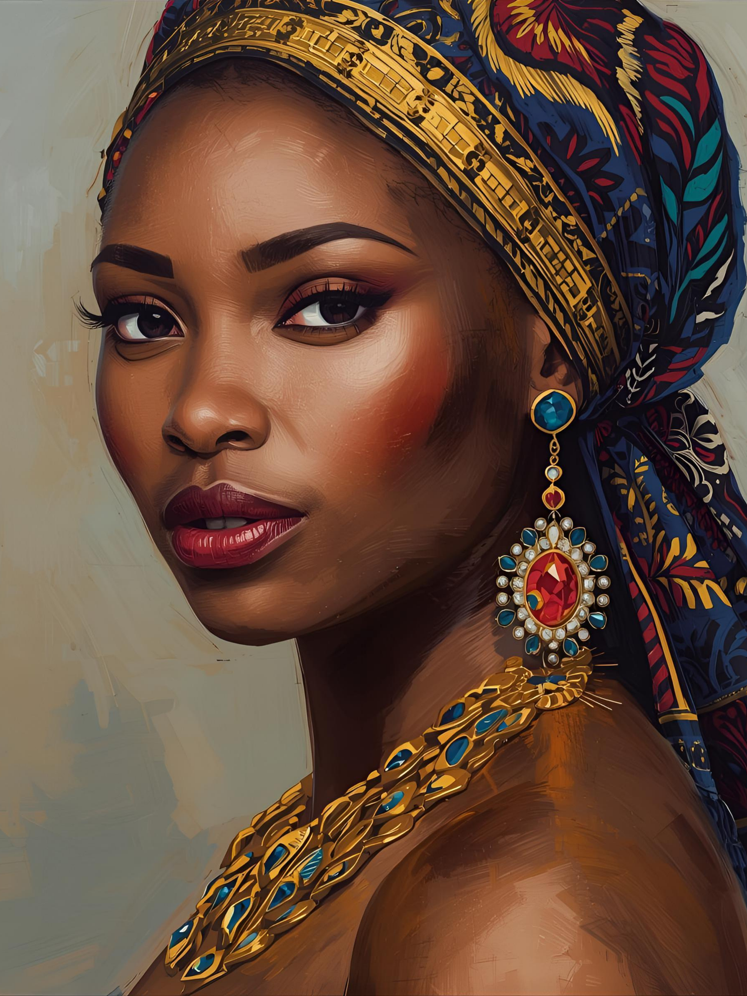 Artistic portrait series showing vibrant headwrap and jewelry against soft background in traditional African style.