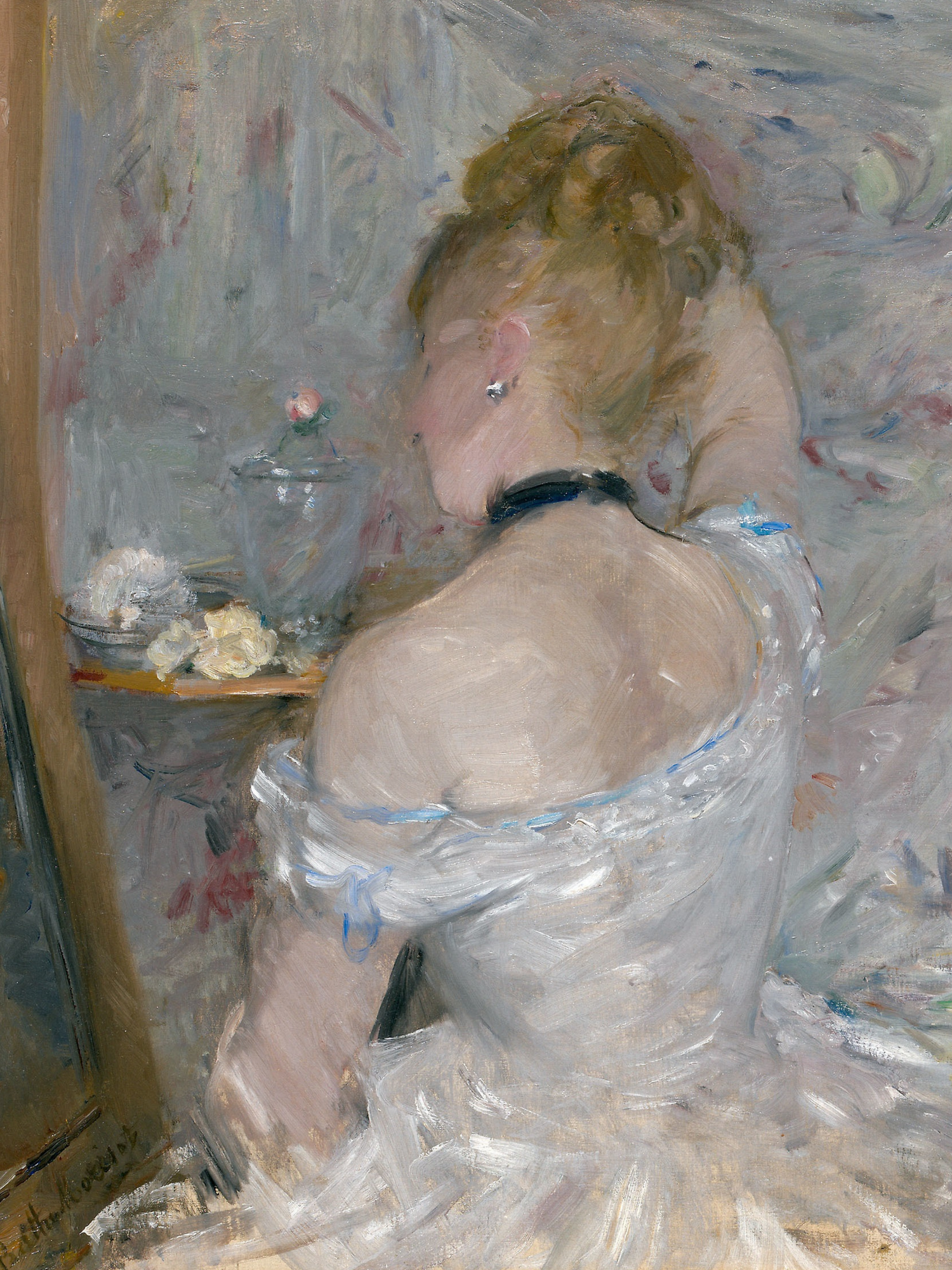 A series of impressionist paintings showing a woman in a white dress lounging on a sofa, captured from different angles.