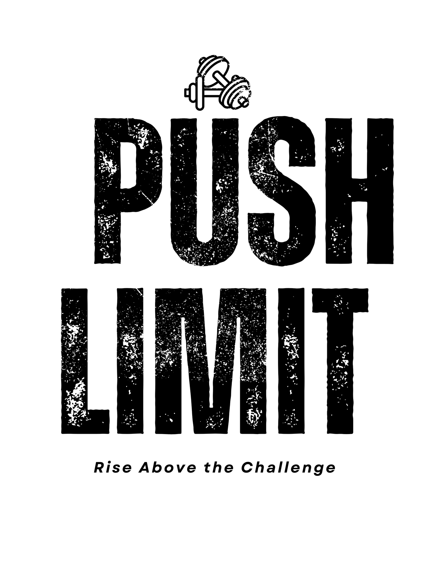 Black and white motivational fitness logo design with text 'PUSH LIMIT' and dumbbell icon above.