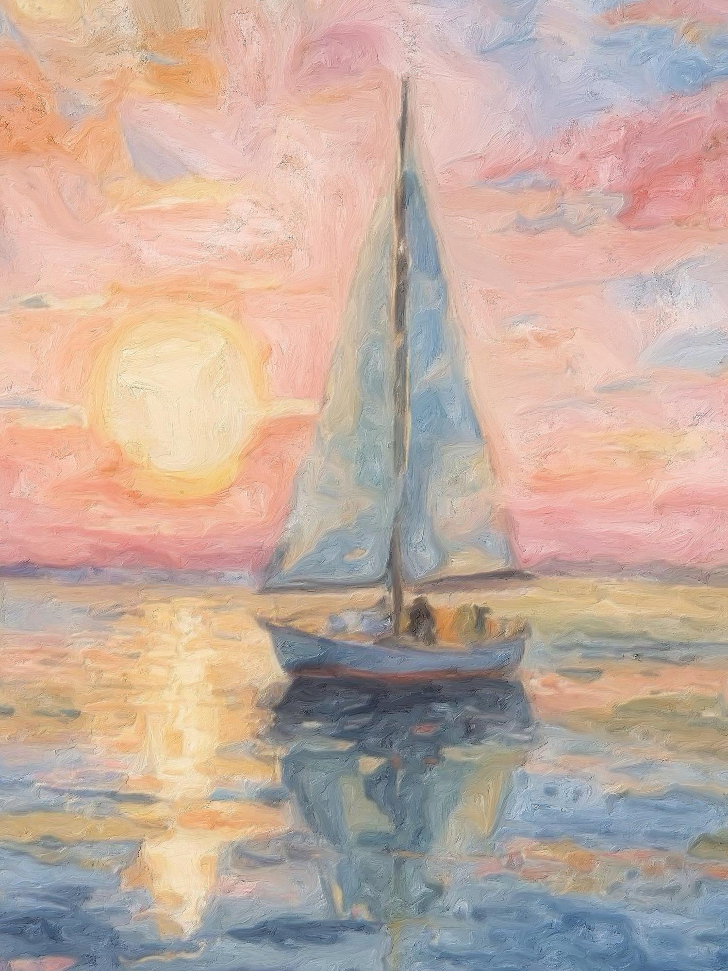 Impressionist painting of sailboats on a tranquil ocean at sunset with warm orange and pink sky reflections on the water.