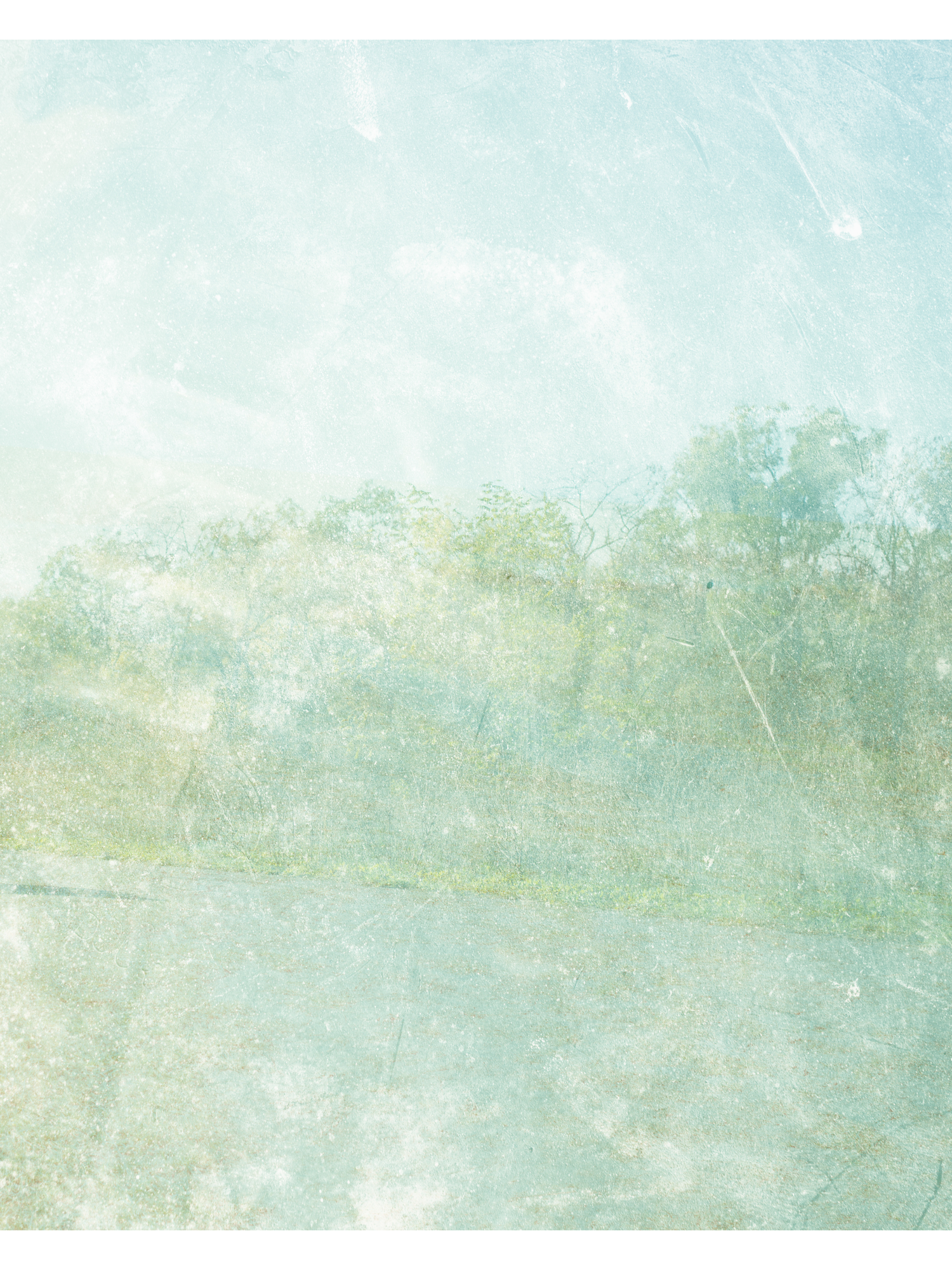 Abstract watercolor painting in soft blue and green tones with a misty, ethereal landscape effect.