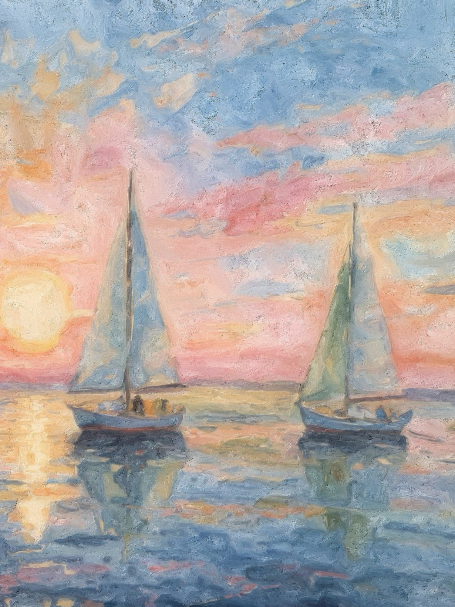 Impressionist painting series showing sailboats at sunset with vibrant orange and pink skies reflecting on calm waters.
