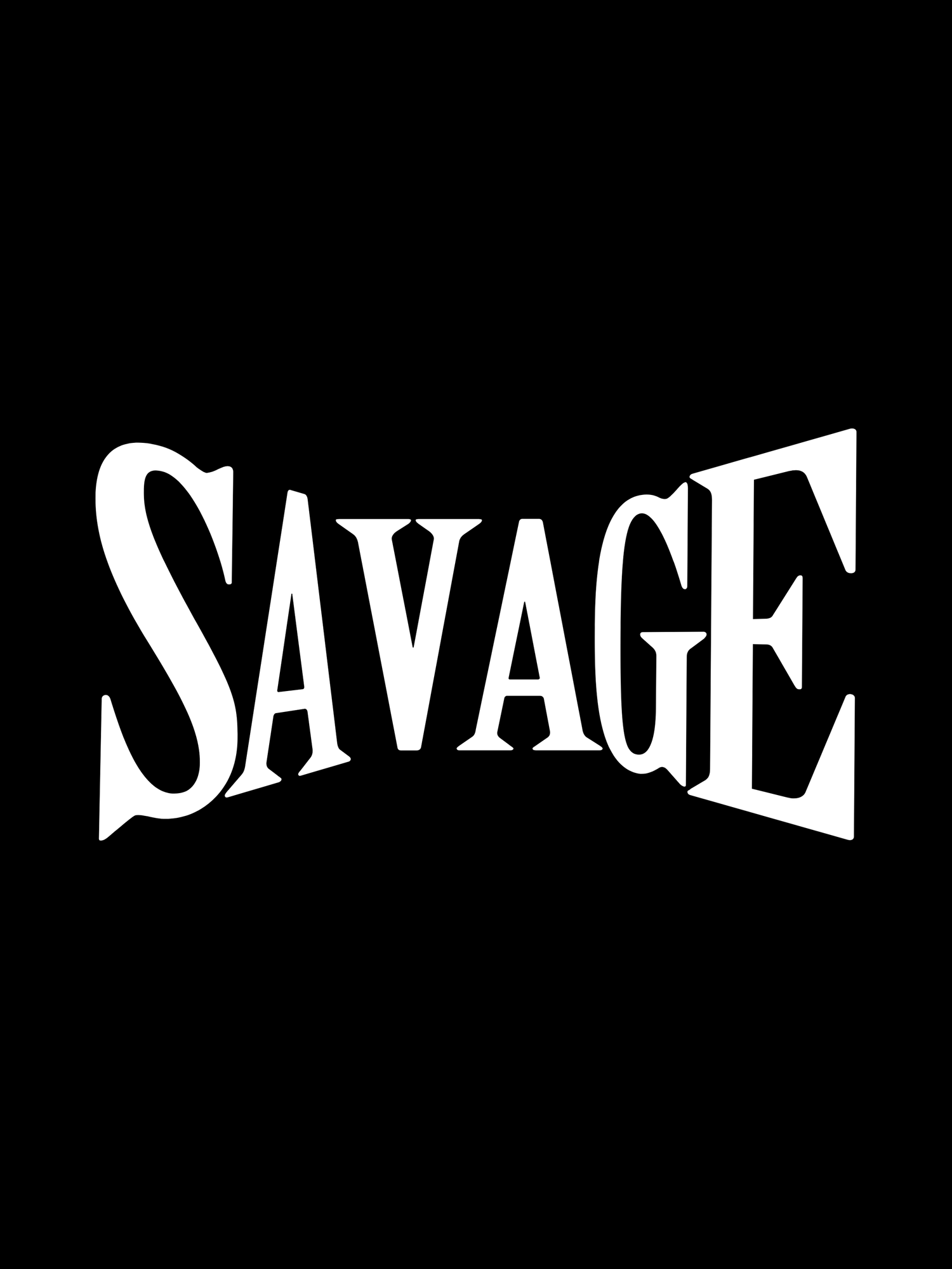 Black and white graphic design showing the word 'SAVAGE' split into individual letters against dark background.