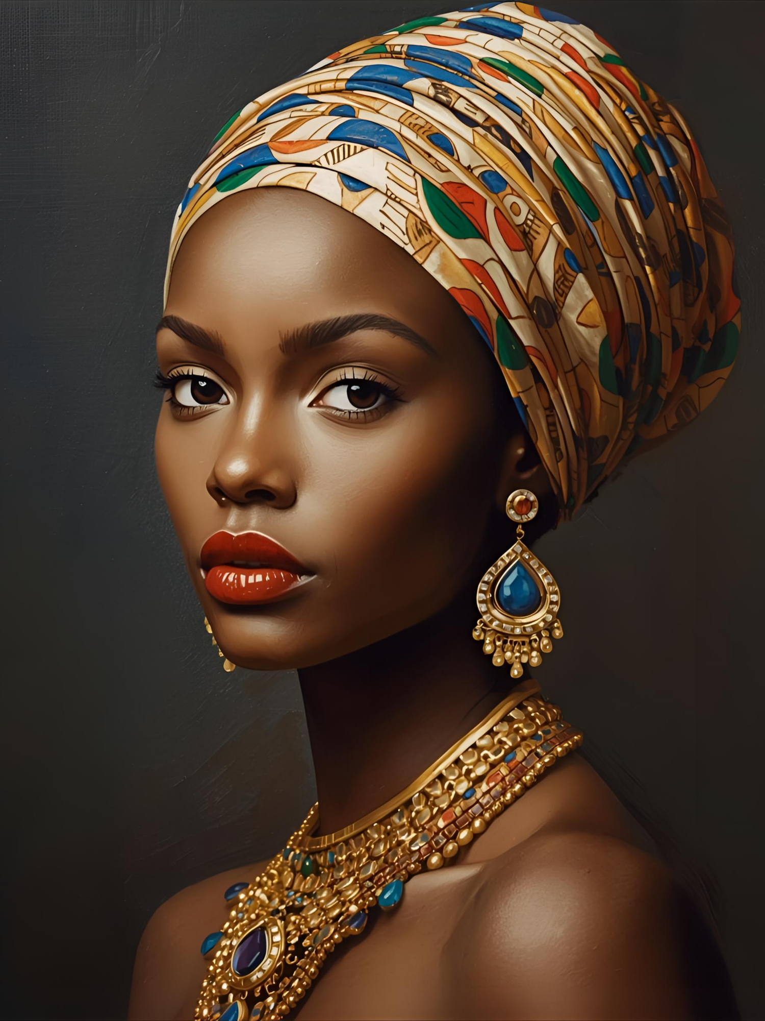 A stunning portrait series featuring traditional African headwrap and ornate gold jewelry against a dark background.