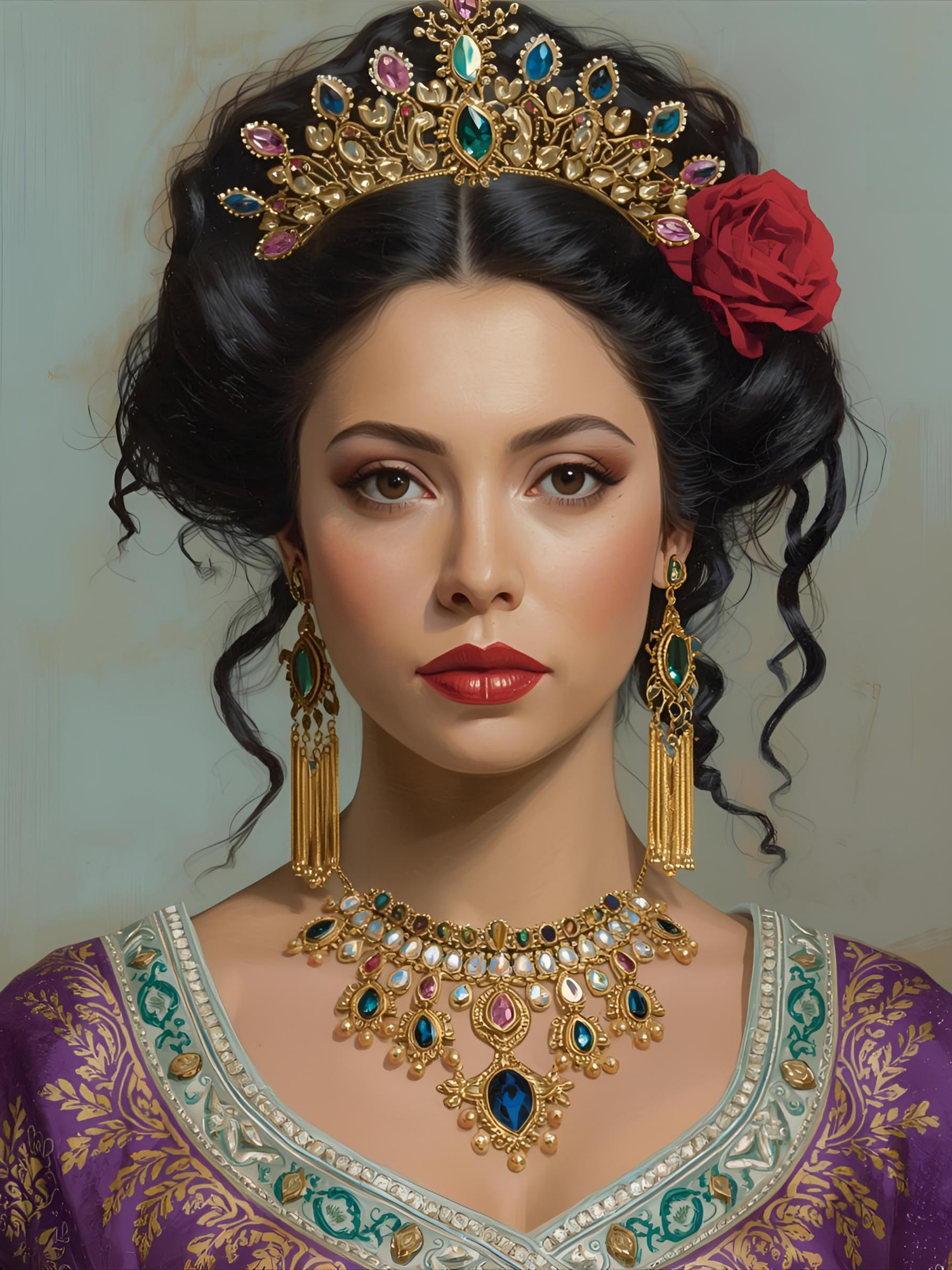 Ornate traditional bridal look featuring gold crown, jeweled necklace, red lips and purple embroidered attire.