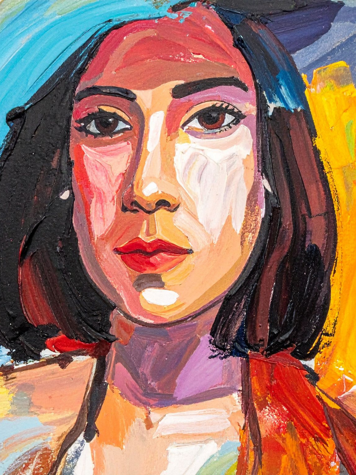 Colorful abstract portrait painting series showing the same figure in vibrant brushstrokes against contrasting backgrounds.