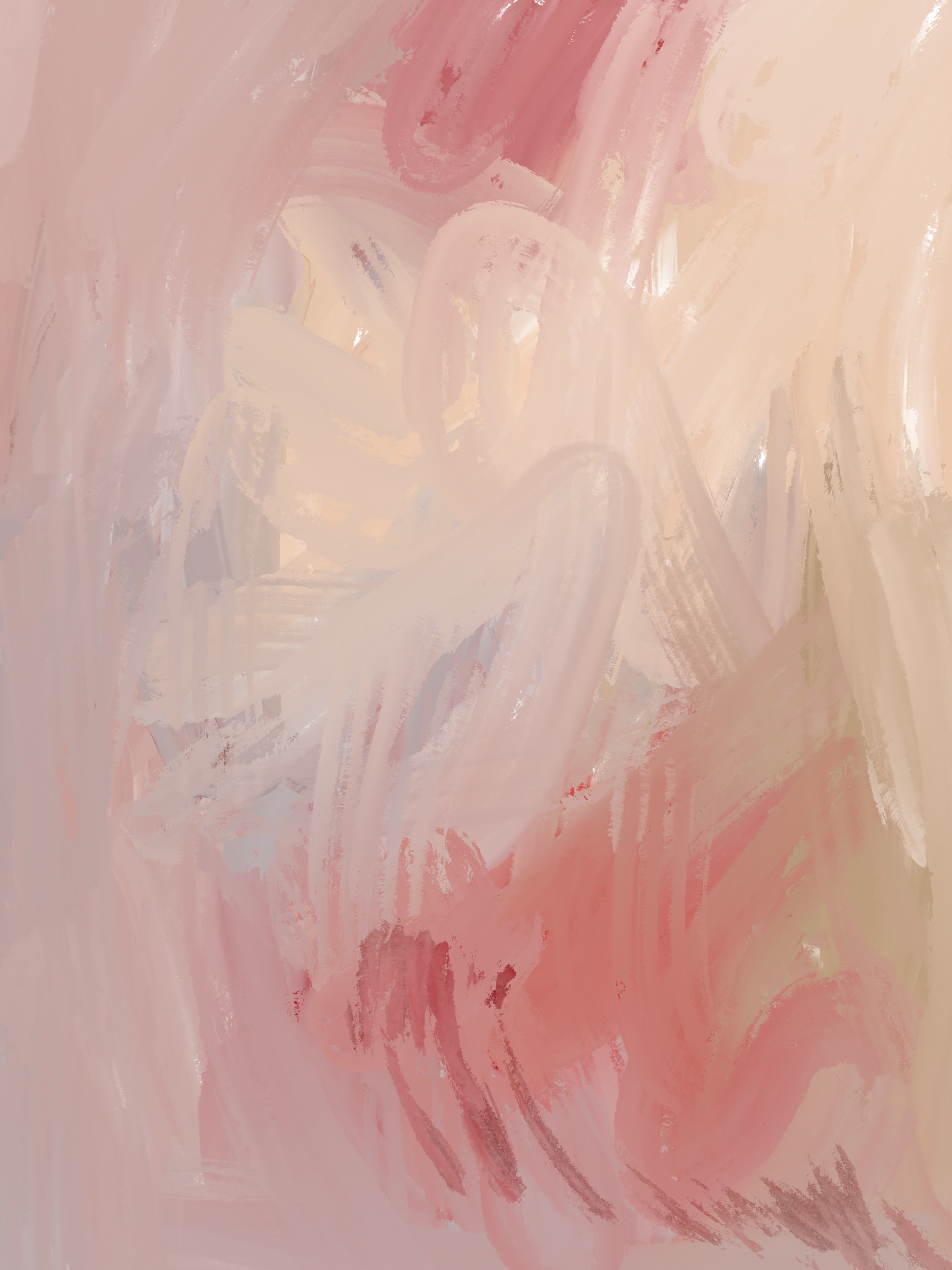 Abstract painting with soft pink and white brushstrokes creating a dreamy, ethereal texture against a light background.