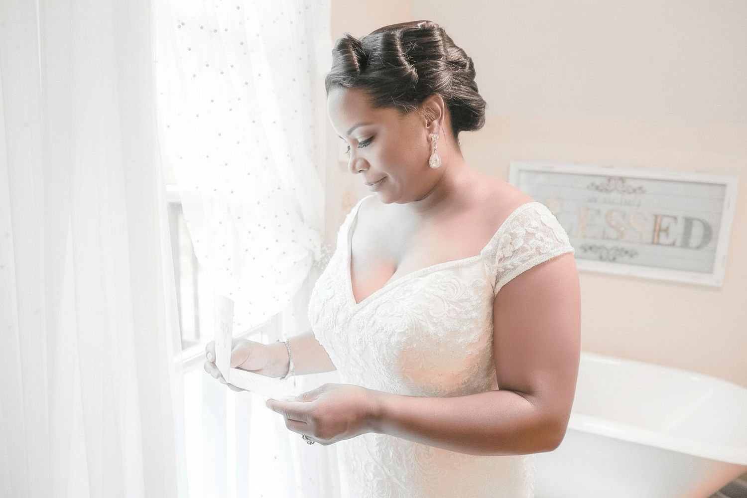 Bride in lace wedding gown reading a letter by a bright window on her wedding day.