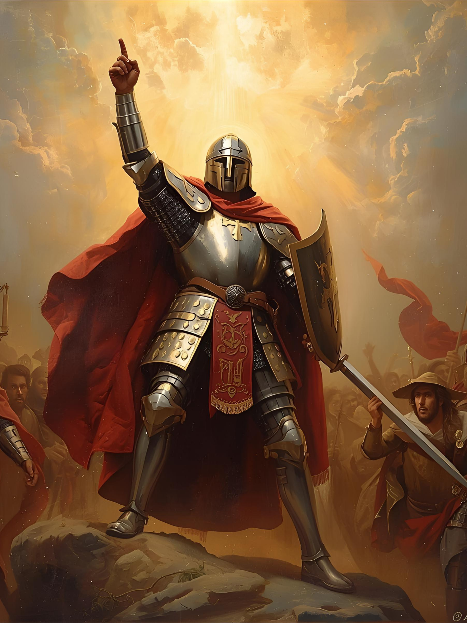 A medieval knight in shining armor and red cape raises their sword triumphantly against a dramatic golden sky.